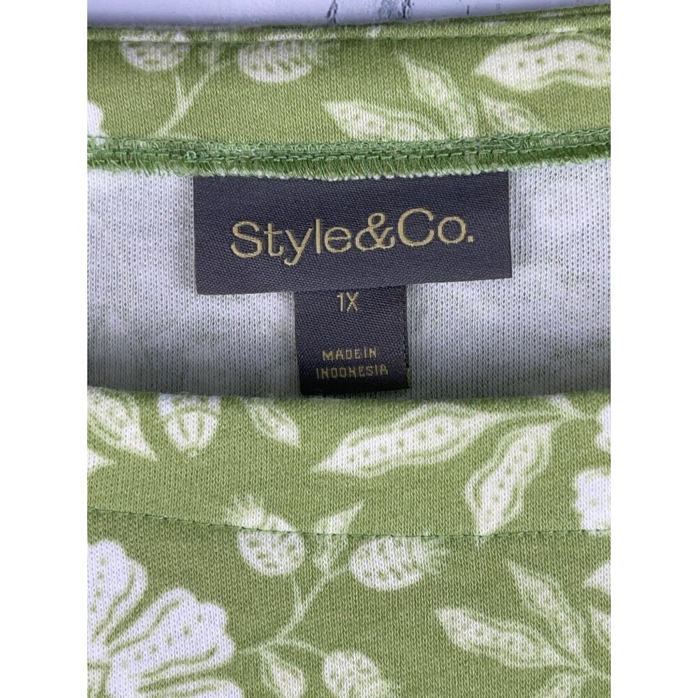 Style&Co. Womens Plus Size 1X Green Floral Print Elbow Sleeve Tee - Picture 7 of 9